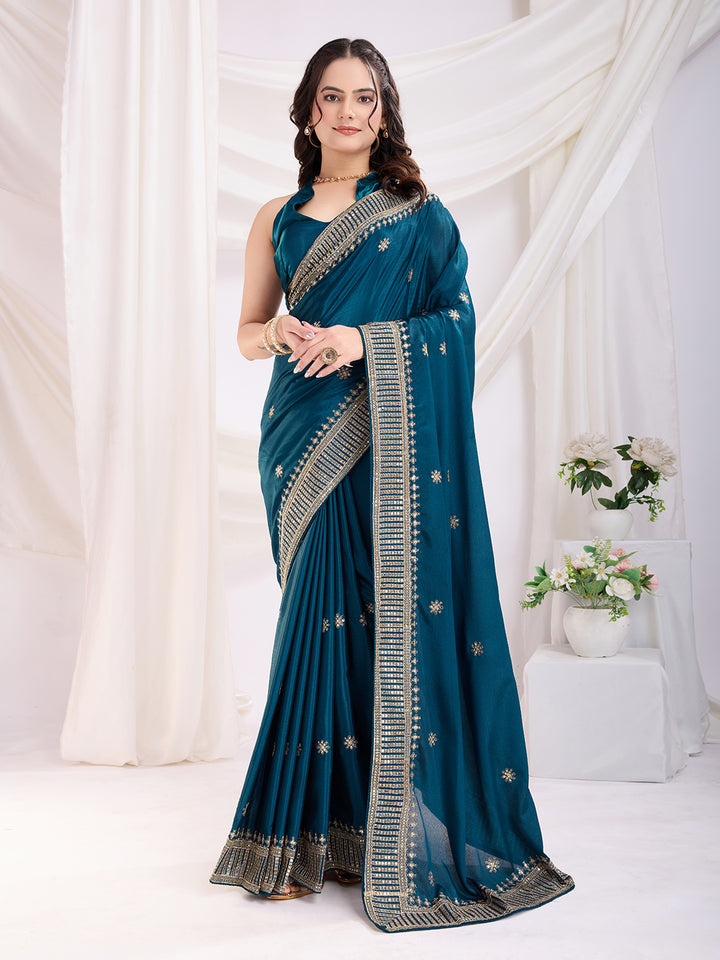 Premium Festive Chinon Silk  Saree | Enriched with Fine Embroidery and Graceful Aesthetic