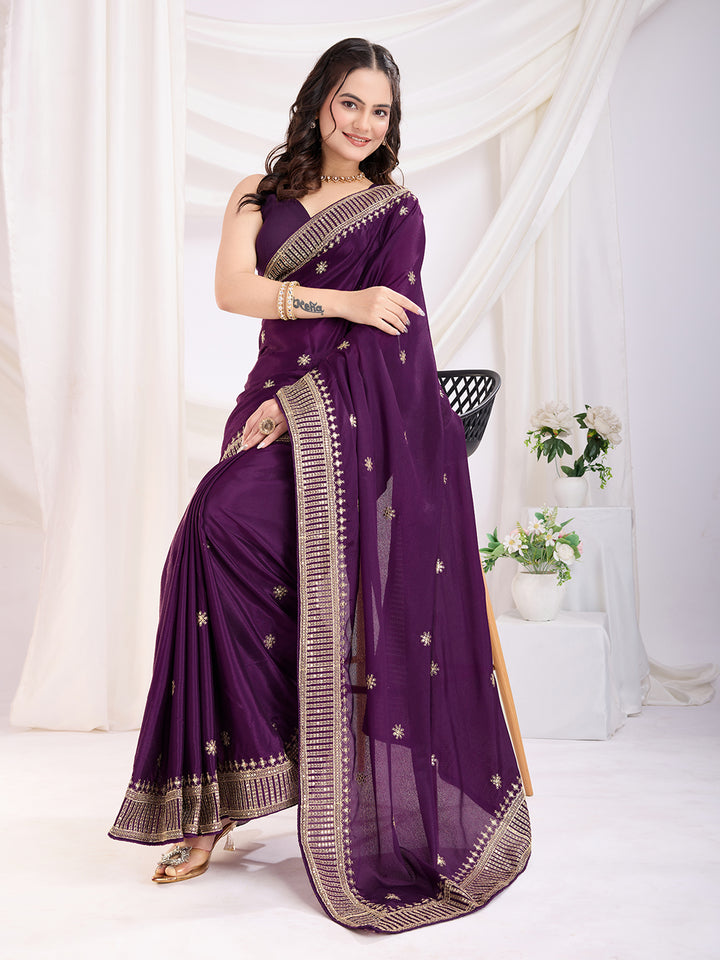 Premium Festive Chinon Silk  Saree | Enriched with Fine Embroidery and Graceful Aesthetic