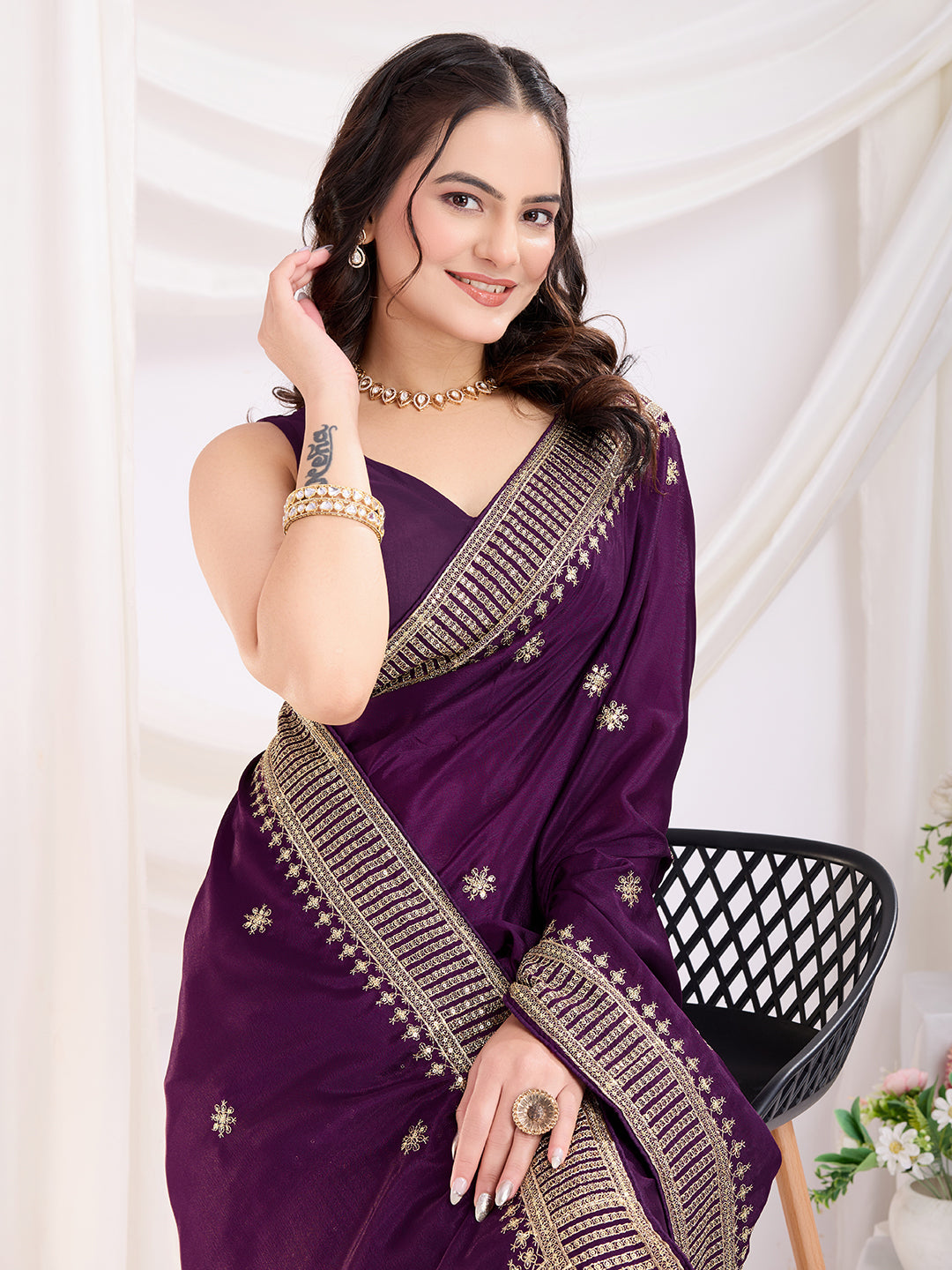 Premium Festive Chinon Silk  Saree | Enriched with Fine Embroidery and Graceful Aesthetic