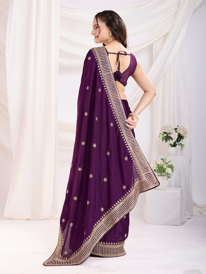 Premium Festive Chinon Silk  Saree | Enriched with Fine Embroidery and Graceful Aesthetic