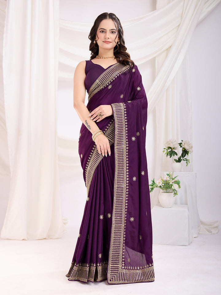 Premium Festive Chinon Silk  Saree | Enriched with Fine Embroidery and Graceful Aesthetic