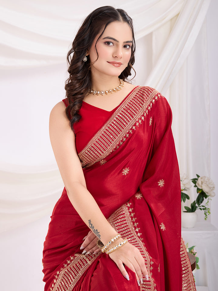 Premium Festive Chinon Silk  Saree | Enriched with Fine Embroidery and Graceful Aesthetic
