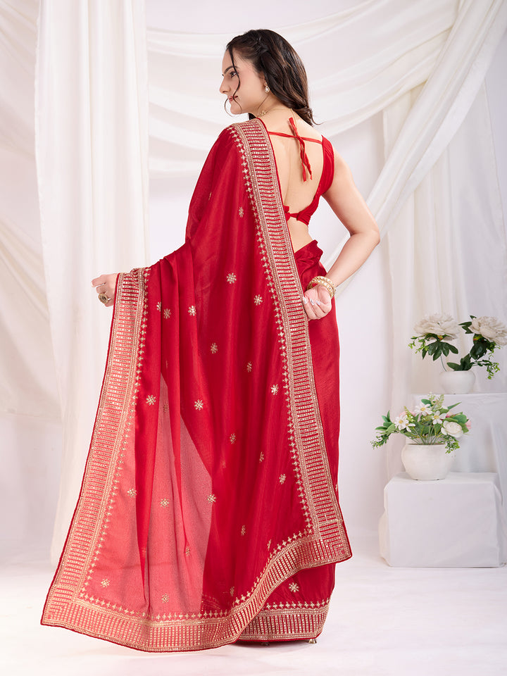 Premium Festive Chinon Silk  Saree | Enriched with Fine Embroidery and Graceful Aesthetic
