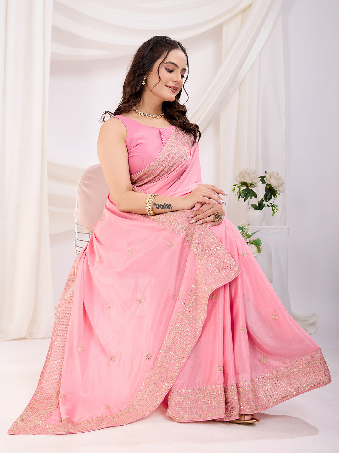 Premium Festive Chinon Silk  Saree | Enriched with Fine Embroidery and Graceful Aesthetic
