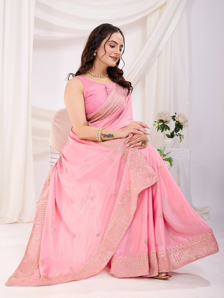 Premium Festive Chinon Silk  Saree | Enriched with Fine Embroidery and Graceful Aesthetic