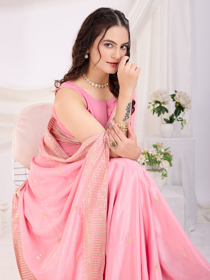 Premium Festive Chinon Silk  Saree | Enriched with Fine Embroidery and Graceful Aesthetic