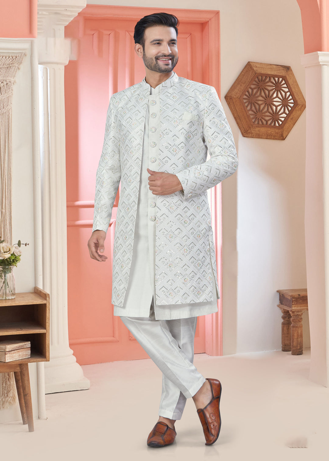 Designer Indo Western Suit for Men | Art Silk Top Bottom with Stylish Jacket for Wedding