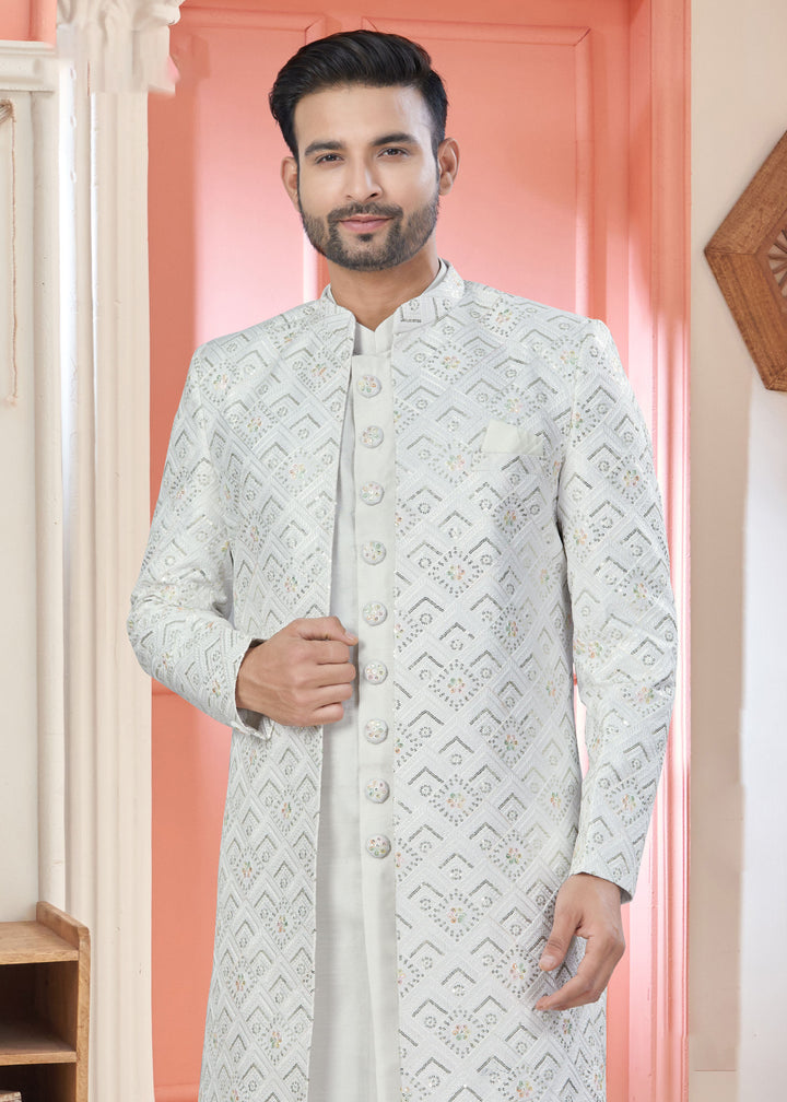 Designer Indo Western Suit for Men | Art Silk Top Bottom with Stylish Jacket for Wedding