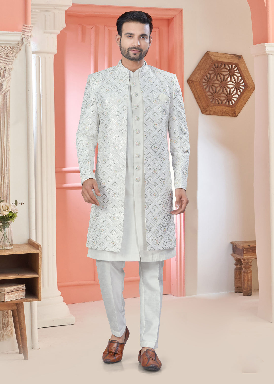 Designer Indo Western Suit for Men | Art Silk Top Bottom with Stylish Jacket for Wedding
