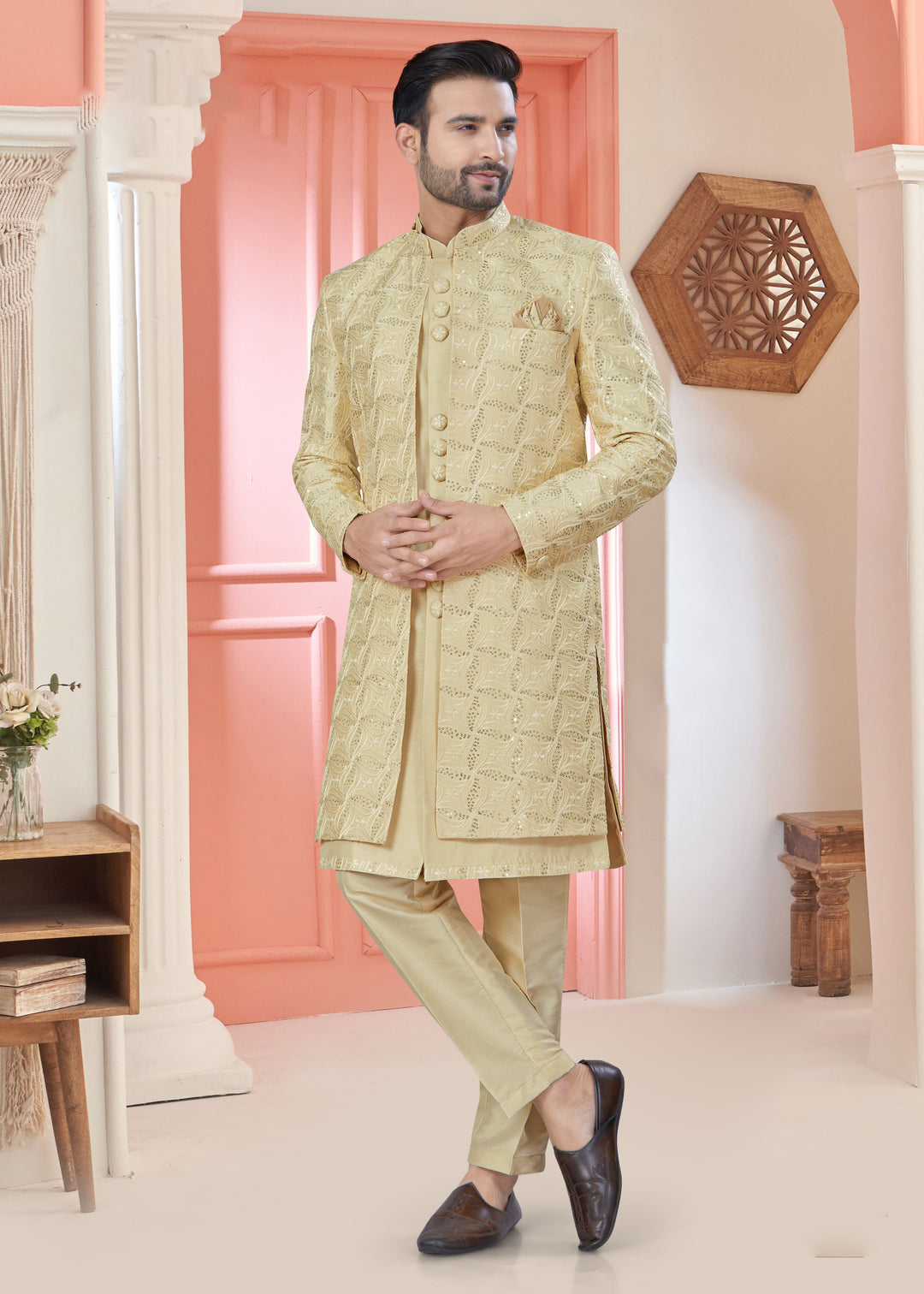 Stylish Golden Art Silk Indo Western Suit | Designer Embroidered Jacket for Weddings
