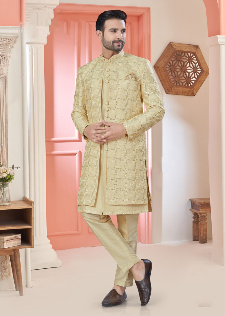 Stylish Golden Art Silk Indo Western Suit | Designer Embroidered Jacket for Weddings