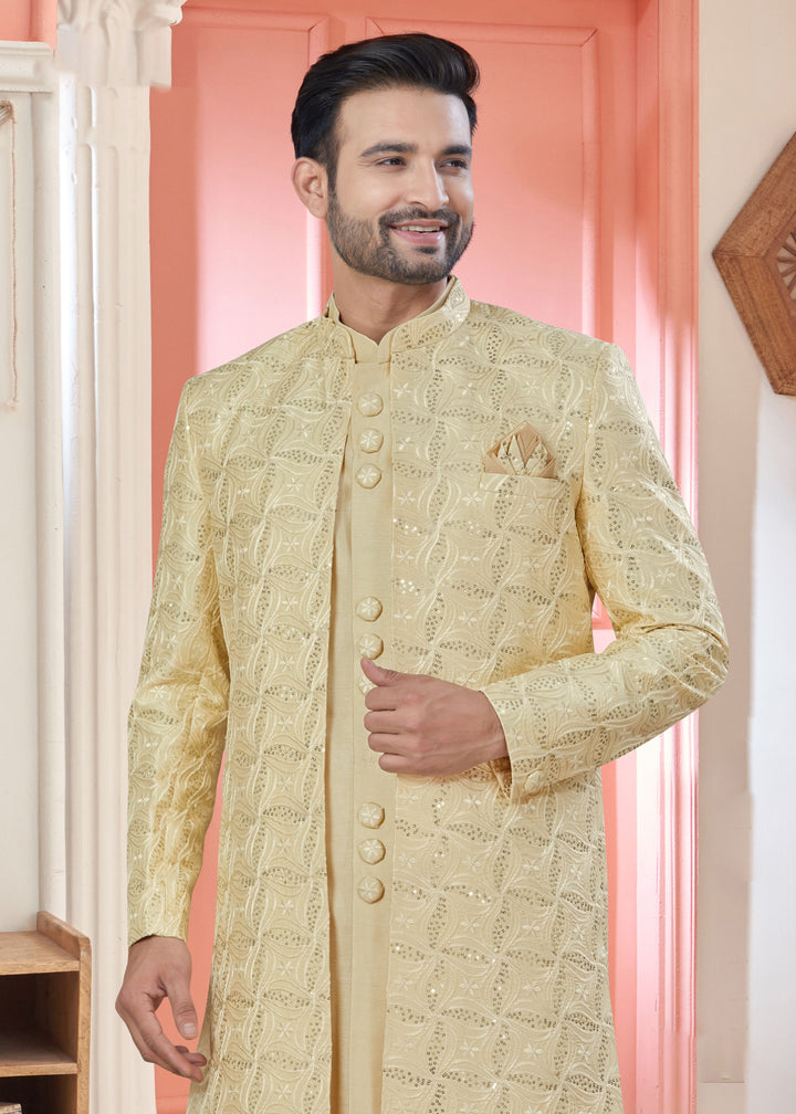 Stylish Golden Art Silk Indo Western Suit | Designer Embroidered Jacket for Weddings