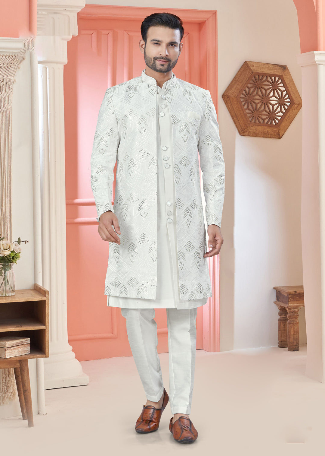 White Art Silk Indo Western Suit | Designer Embroidered Jacket for Weddings