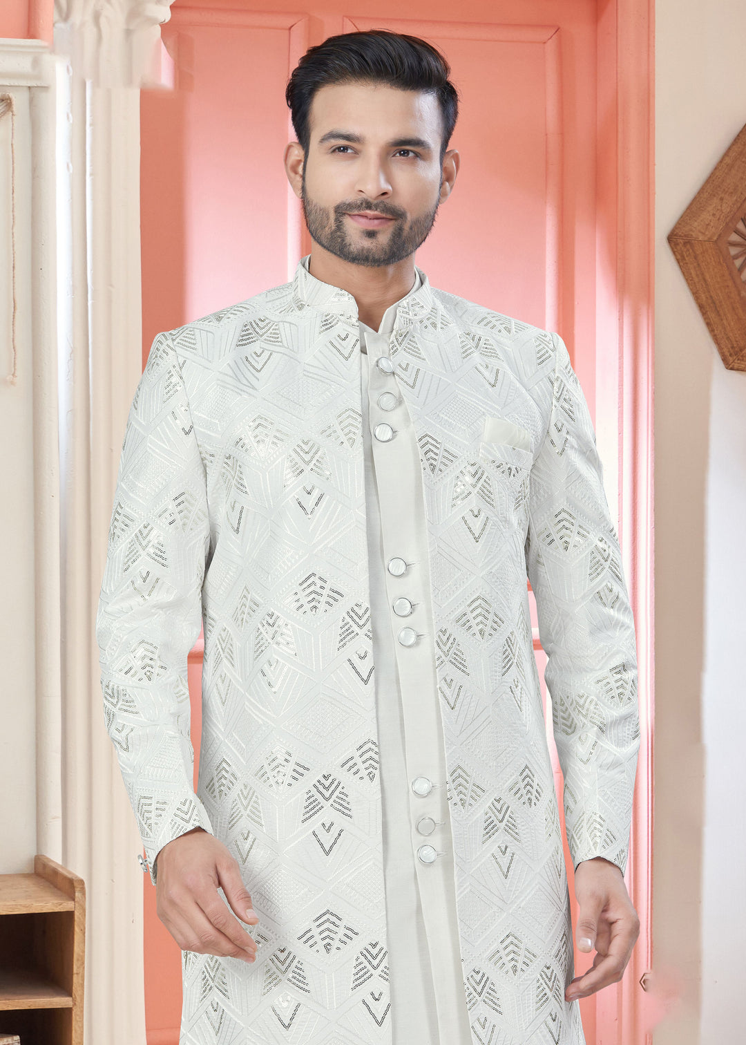 White Art Silk Indo Western Suit | Designer Embroidered Jacket for Weddings