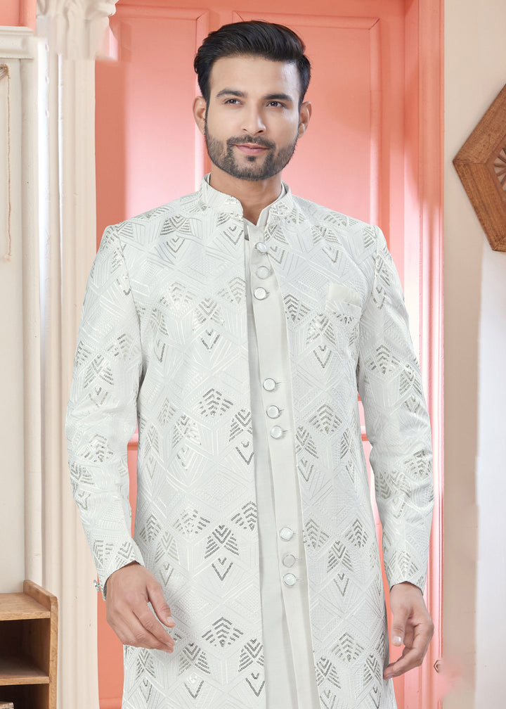 White Art Silk Indo Western Suit | Designer Embroidered Jacket for Weddings