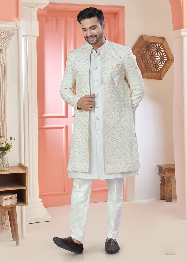Designer Off White Indo Western for Men | Sequins & Thread Embroidery Jacket