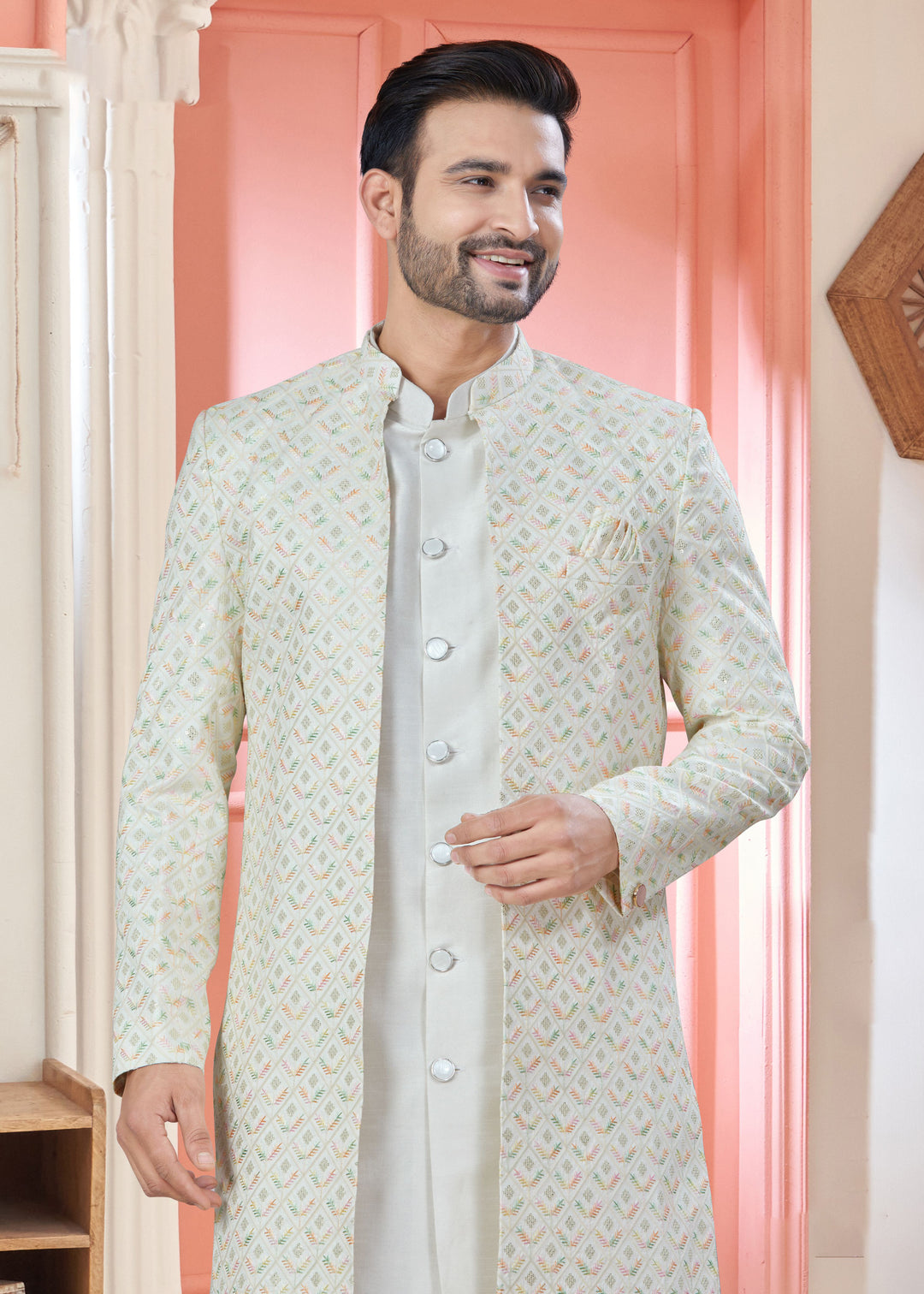 Designer Off White Indo Western for Men | Sequins & Thread Embroidery Jacket