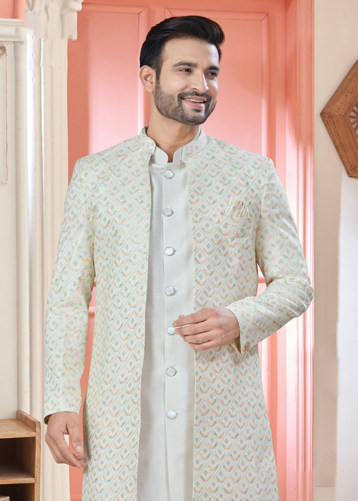 Designer Off White Indo Western for Men | Sequins & Thread Embroidery Jacket