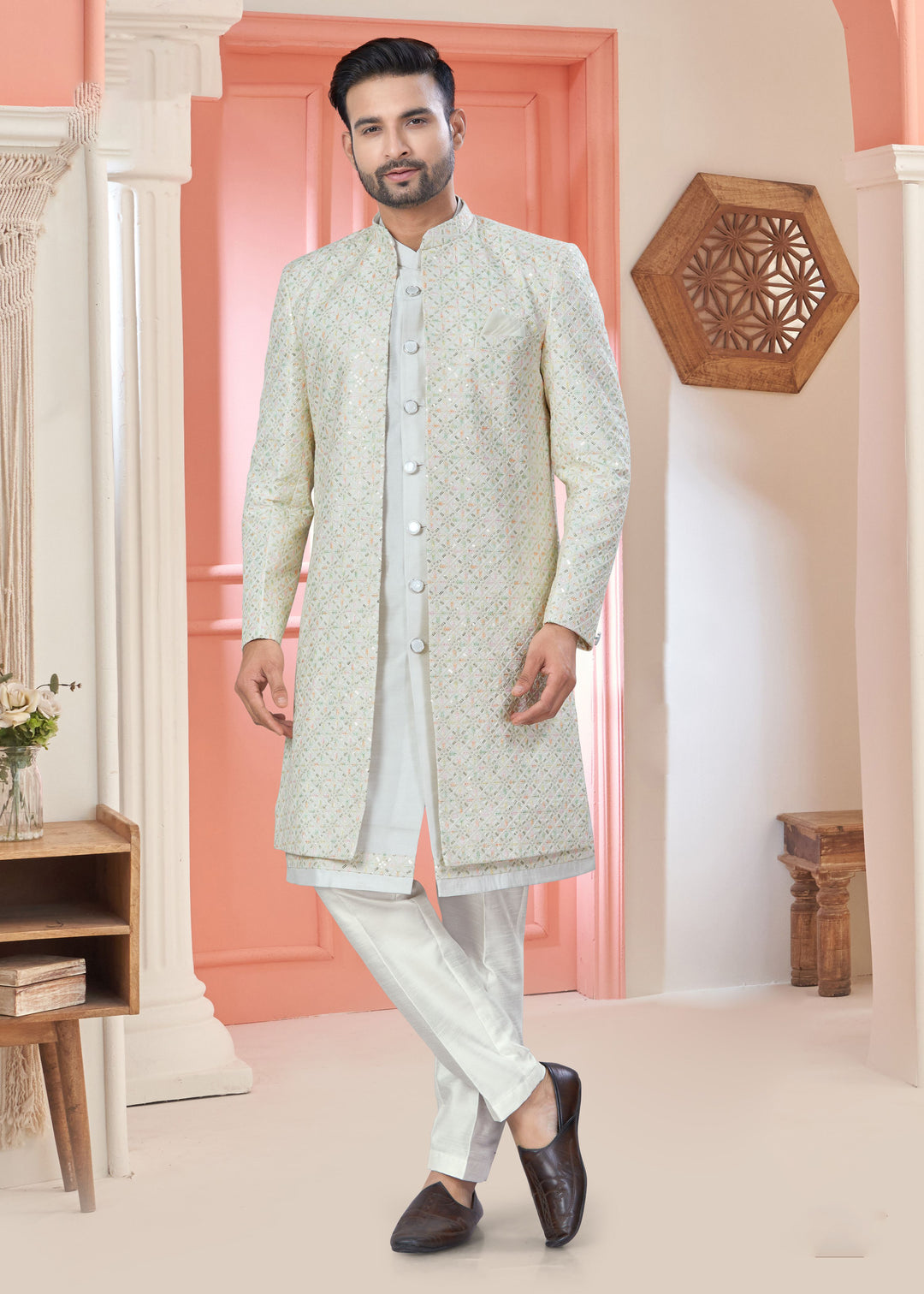 Off-White Art Silk Indo Western | Designer Thread & Sequins Embroidery Work