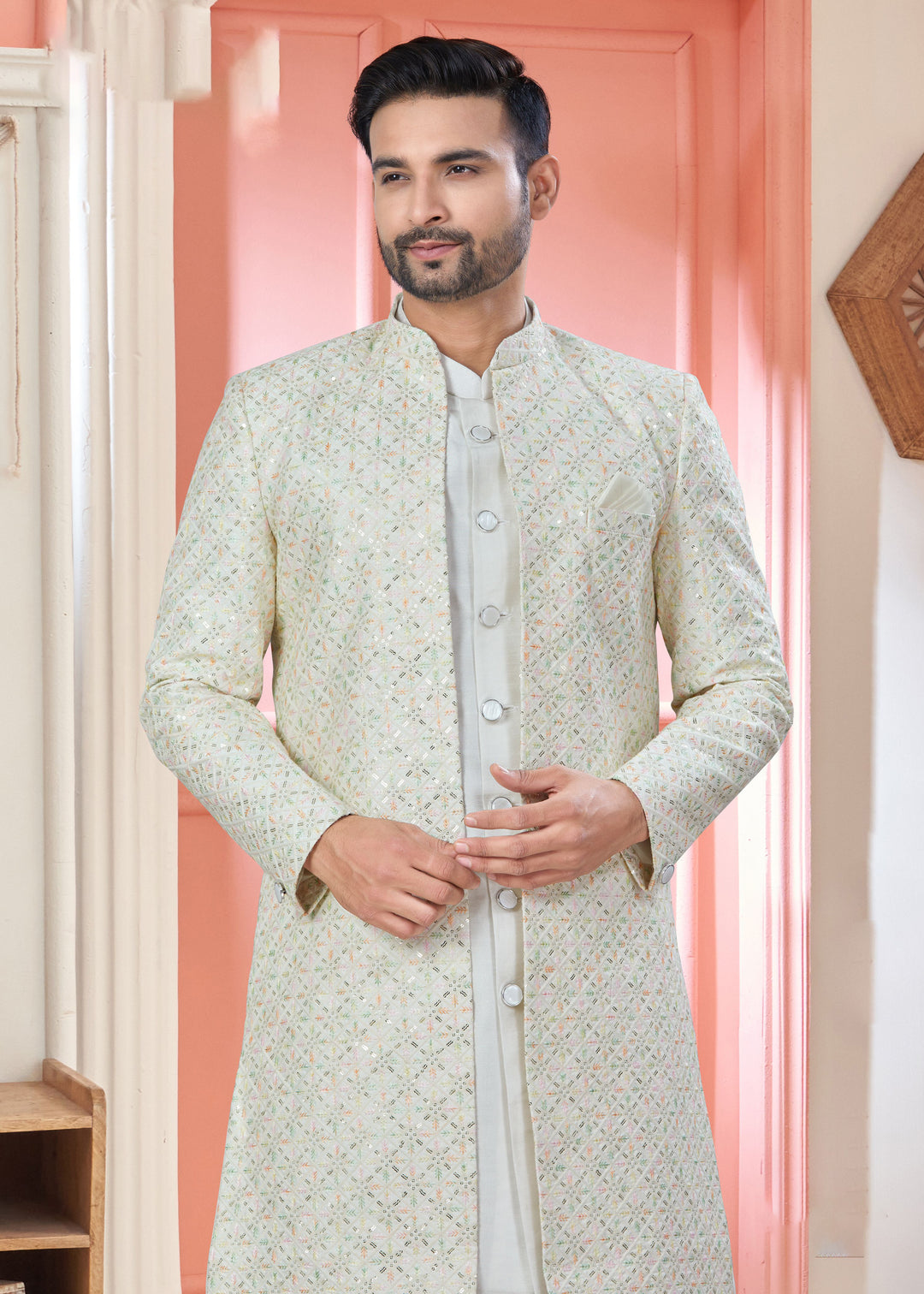 Off-White Art Silk Indo Western | Designer Thread & Sequins Embroidery Work