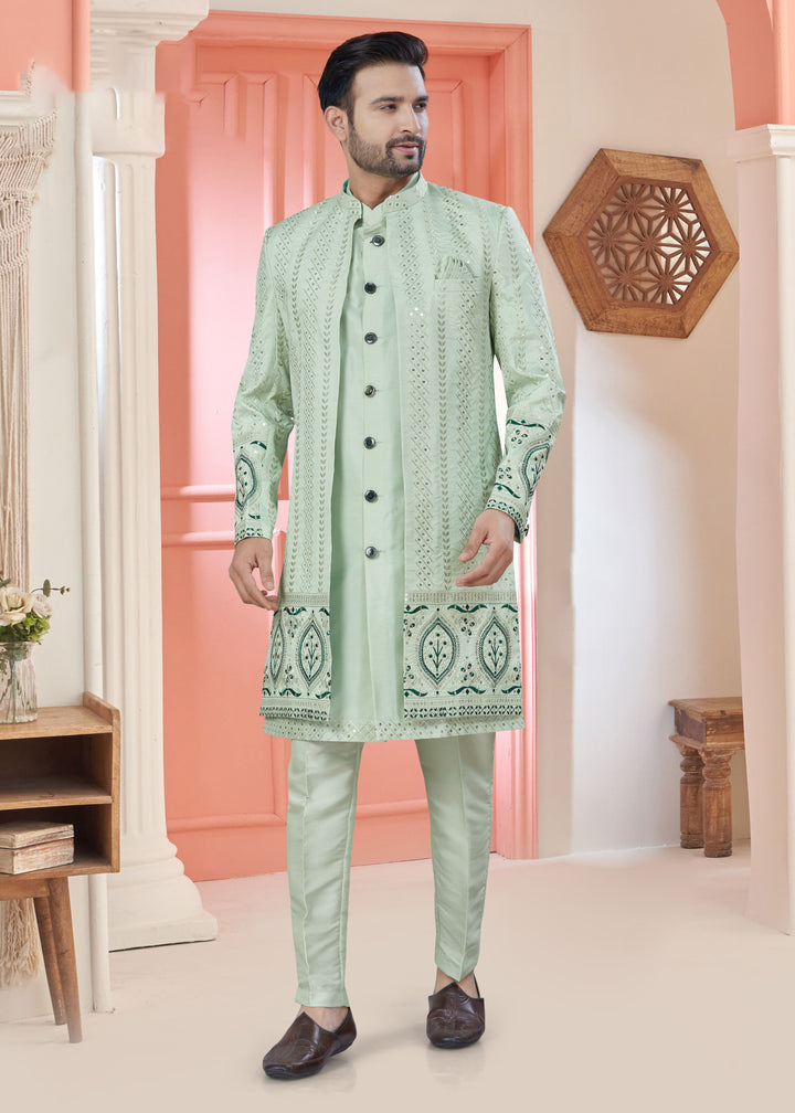 Pastel Green Art Silk Indo Western for Men | Embroidered Jacket for Wedding