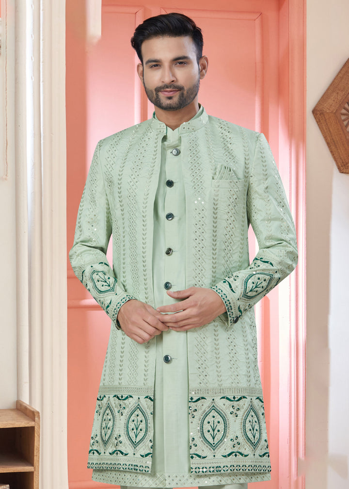 Pastel Green Art Silk Indo Western for Men | Embroidered Jacket for Wedding