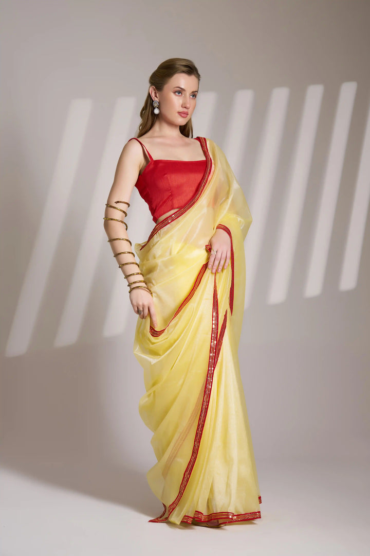 Stunning Yellow Net Saree | Indian Wedding Wear Art Silk Designer Blouse