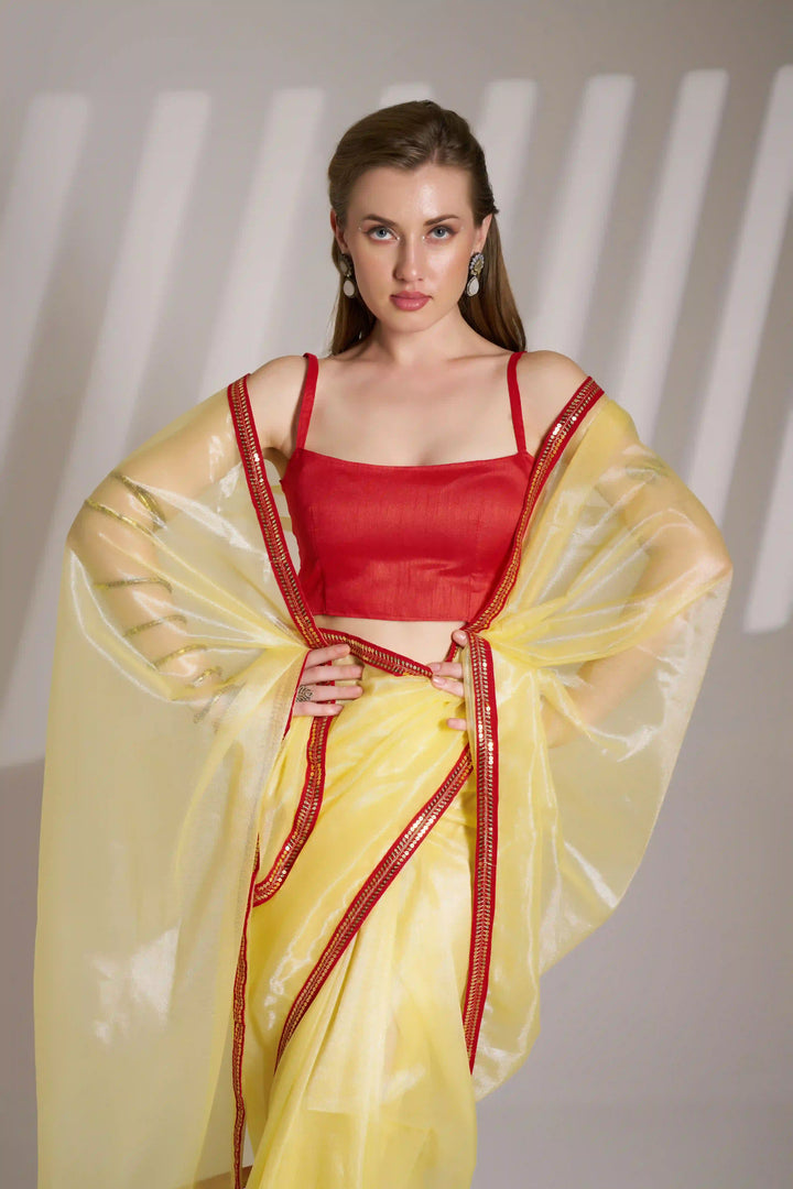 Stunning Yellow Net Saree | Indian Wedding Wear Art Silk Designer Blouse