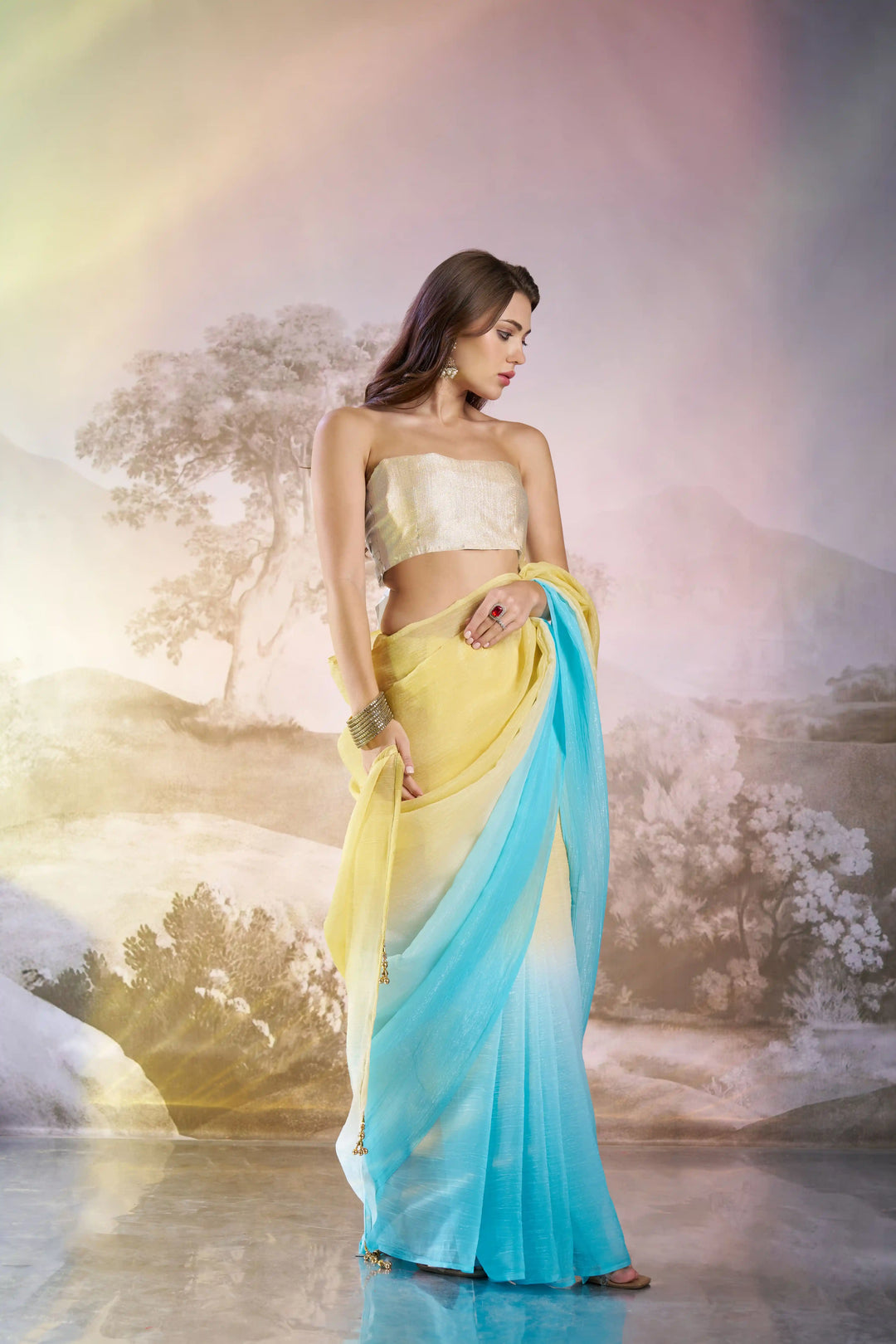 Fancy Crunchy Chiffon Saree | Sky Blue Beauty | Art Silk Blouse Included