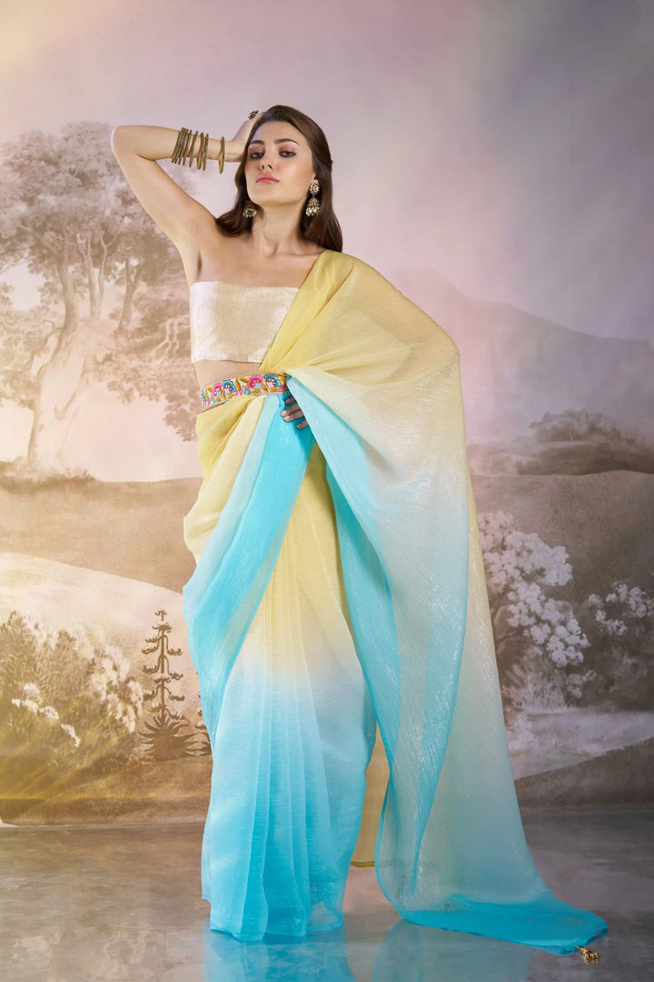 Fancy Crunchy Chiffon Saree | Sky Blue Beauty | Art Silk Blouse Included