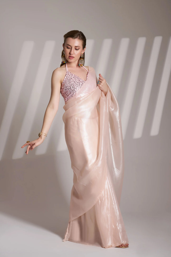 Sophisticated Formal Twill Net Peach Saree | A Must-Have for Exclusive Festive Wardrobes