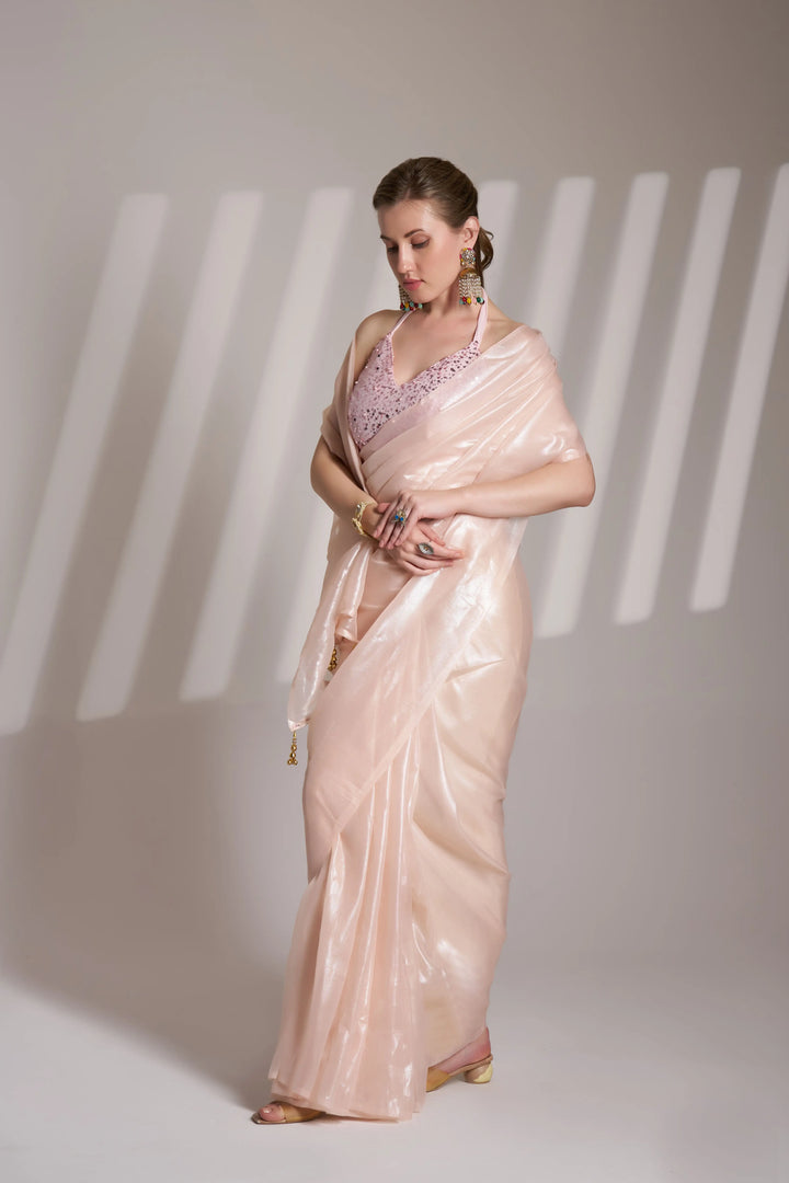 Sophisticated Formal Twill Net Peach Saree | A Must-Have for Exclusive Festive Wardrobes