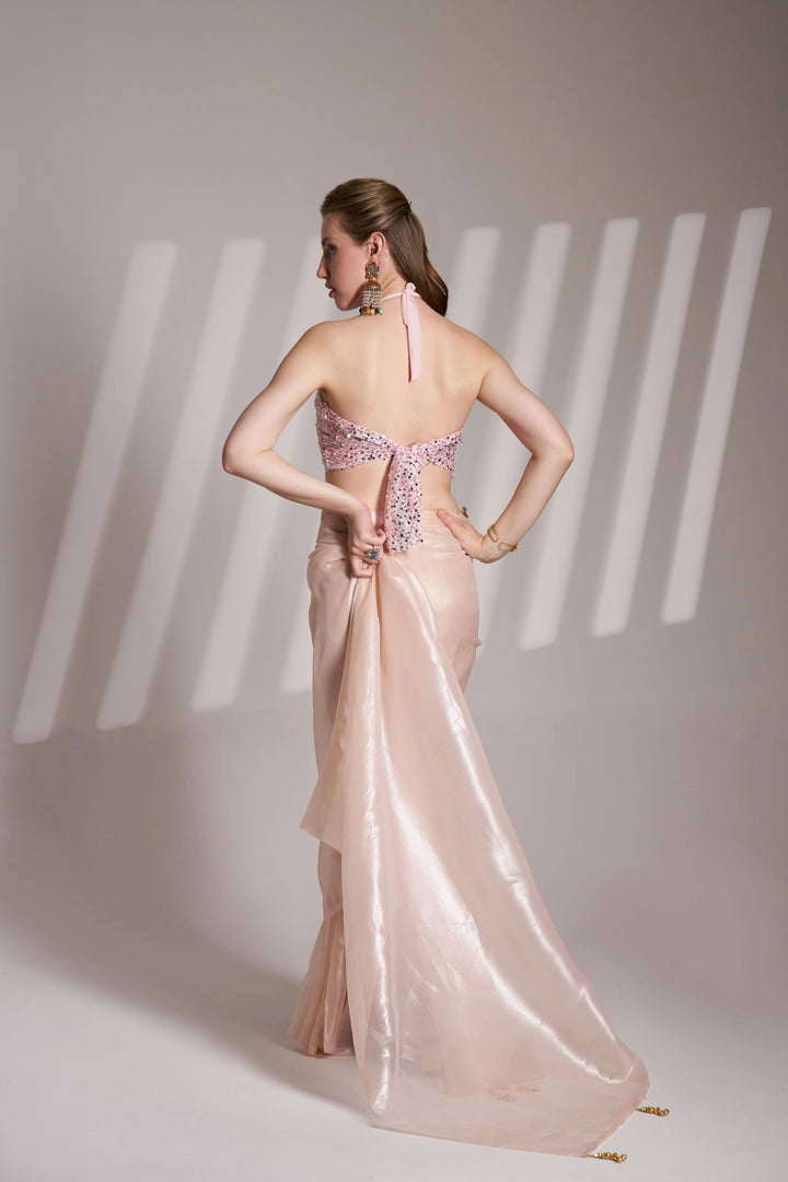 Sophisticated Formal Twill Net Peach Saree | A Must-Have for Exclusive Festive Wardrobes