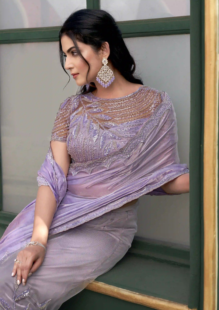 Glamorous Lavender Saree | Designer Sequins Embroidery & Beads Stone Work