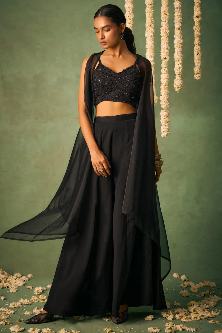 Party Wear Indo Western Sharara | Chic Chinon & Organza Cape Dupatta