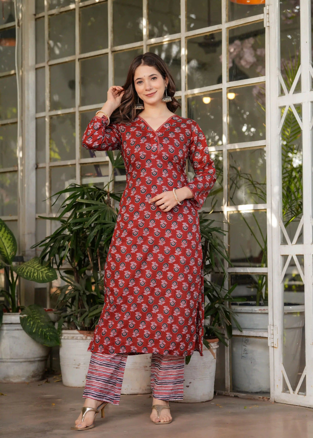 Elegant Rust Cotton Salwar Kameez with Fine Embroidery Work