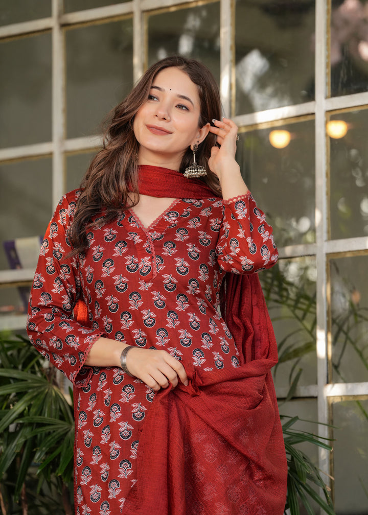 Timeless Elegant Cotton Rust Salwar Kameez | Enriched with Fine Embroidery and Graceful Aesthetic