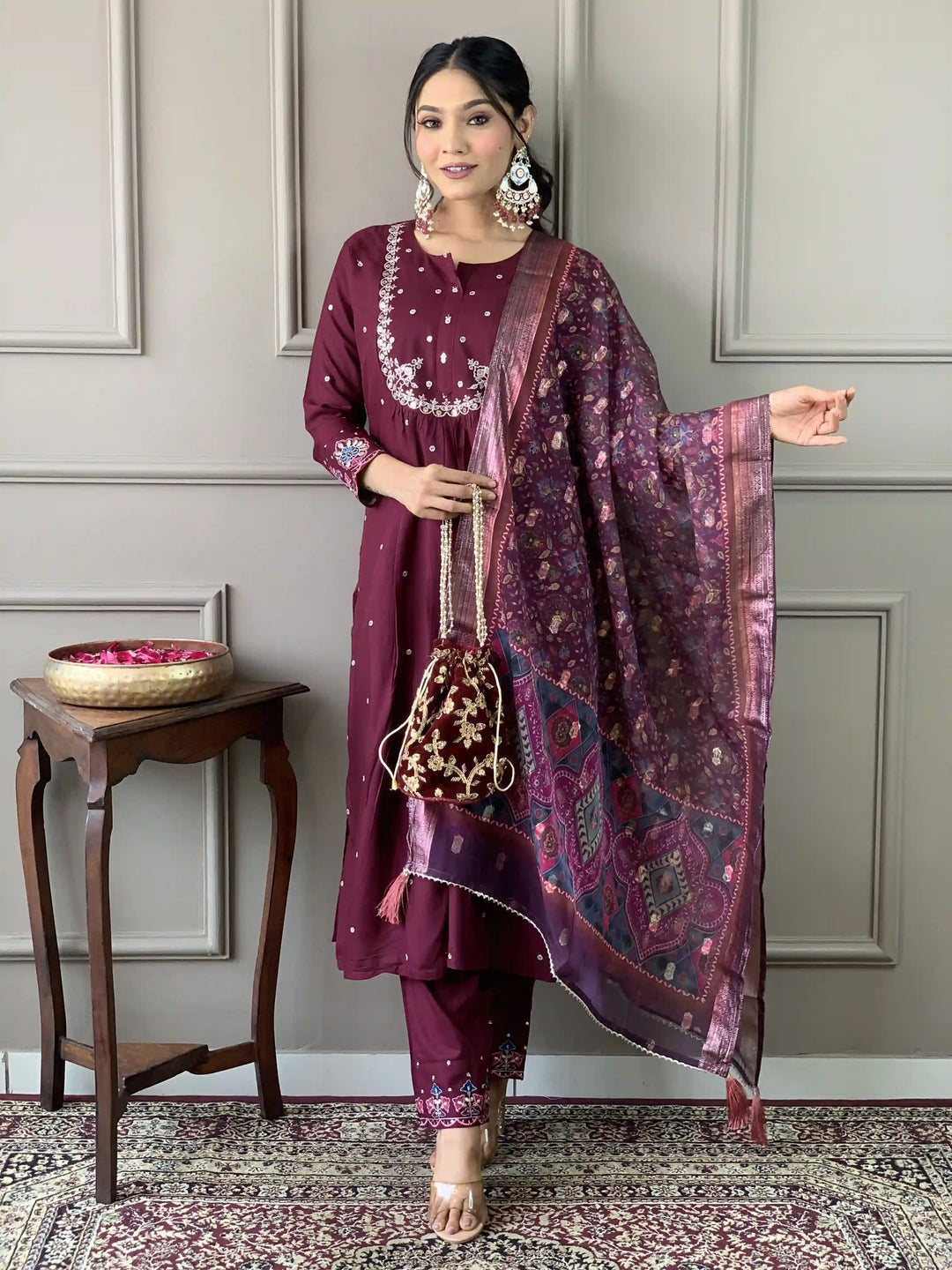 Luxurious Handcrafted Viscose Chanderi Wine Salwar Kameez | Handcrafted with Intricate Details for Timeless Appeal