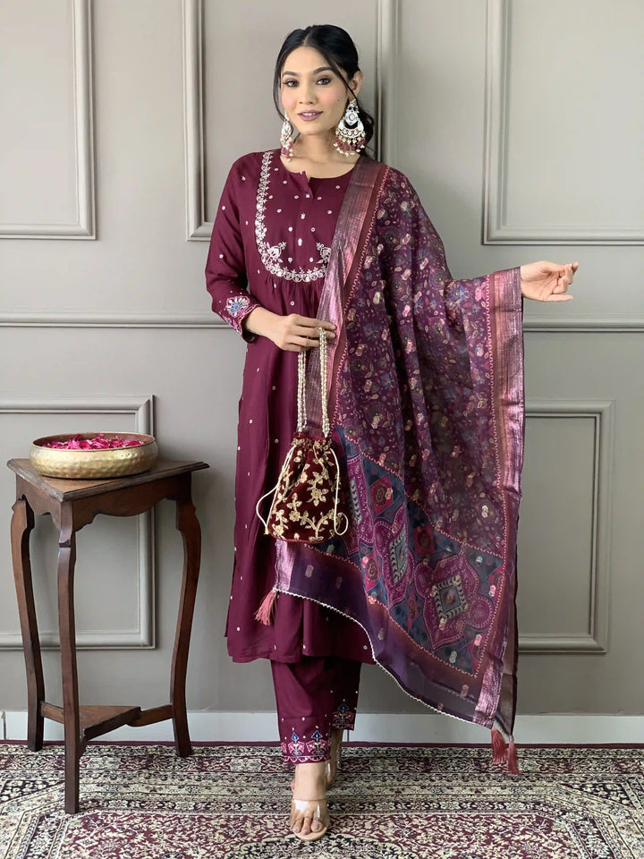 Luxurious Handcrafted Viscose Chanderi Wine Salwar Kameez | Handcrafted with Intricate Details for Timeless Appeal