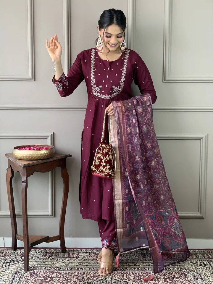 Luxurious Handcrafted Viscose Chanderi Wine Salwar Kameez | Handcrafted with Intricate Details for Timeless Appeal
