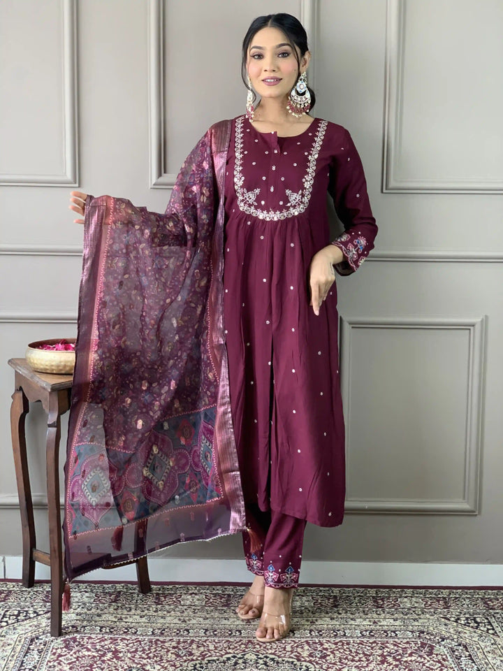 Luxurious Handcrafted Viscose Chanderi Wine Salwar Kameez | Handcrafted with Intricate Details for Timeless Appeal