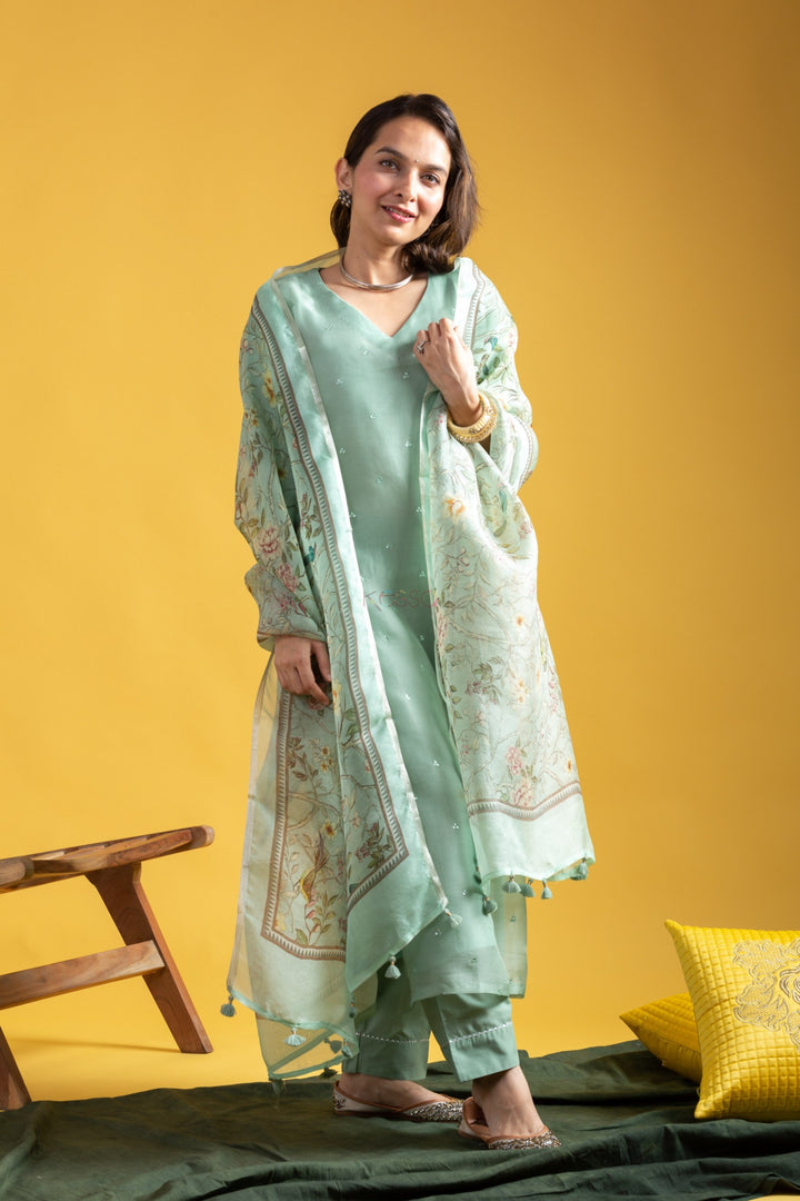 Timeless Elegant Viscose Chanderi Pista Salwar Kameez | Finely Detailed to Enhance Your Look for Formal Events