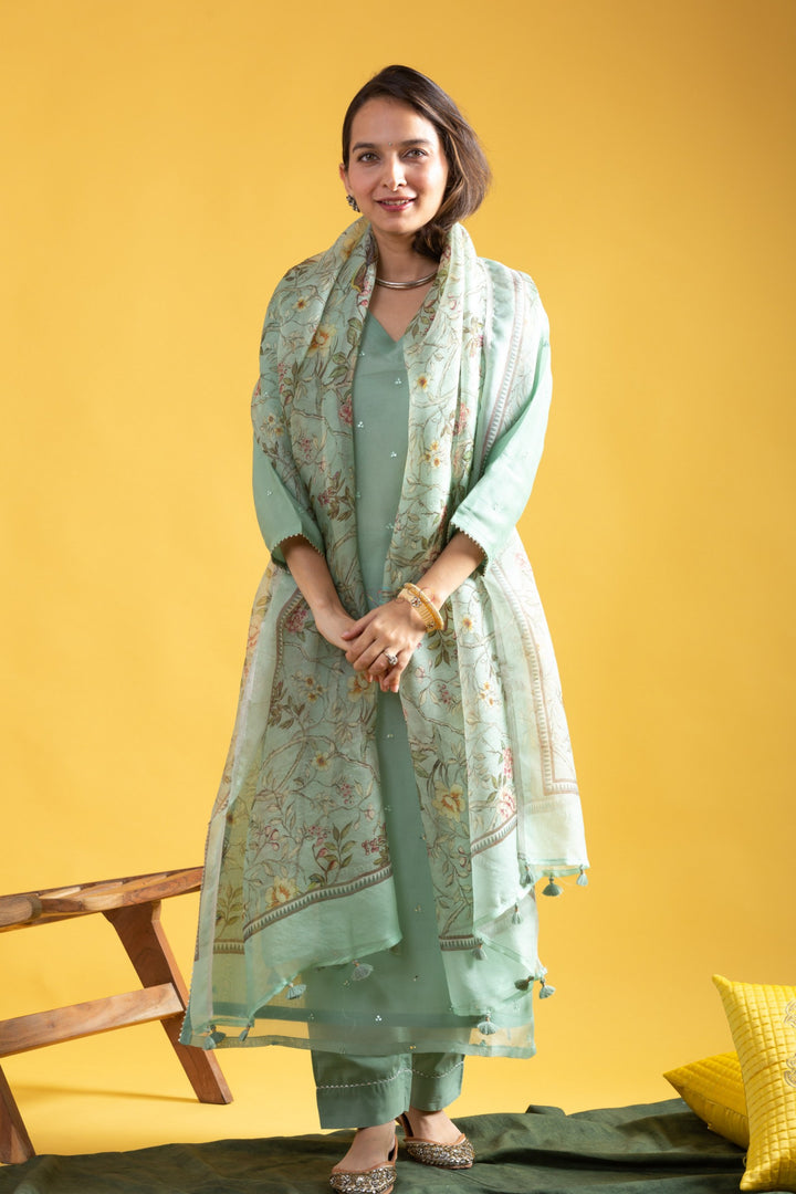 Timeless Elegant Viscose Chanderi Pista Salwar Kameez | Finely Detailed to Enhance Your Look for Formal Events