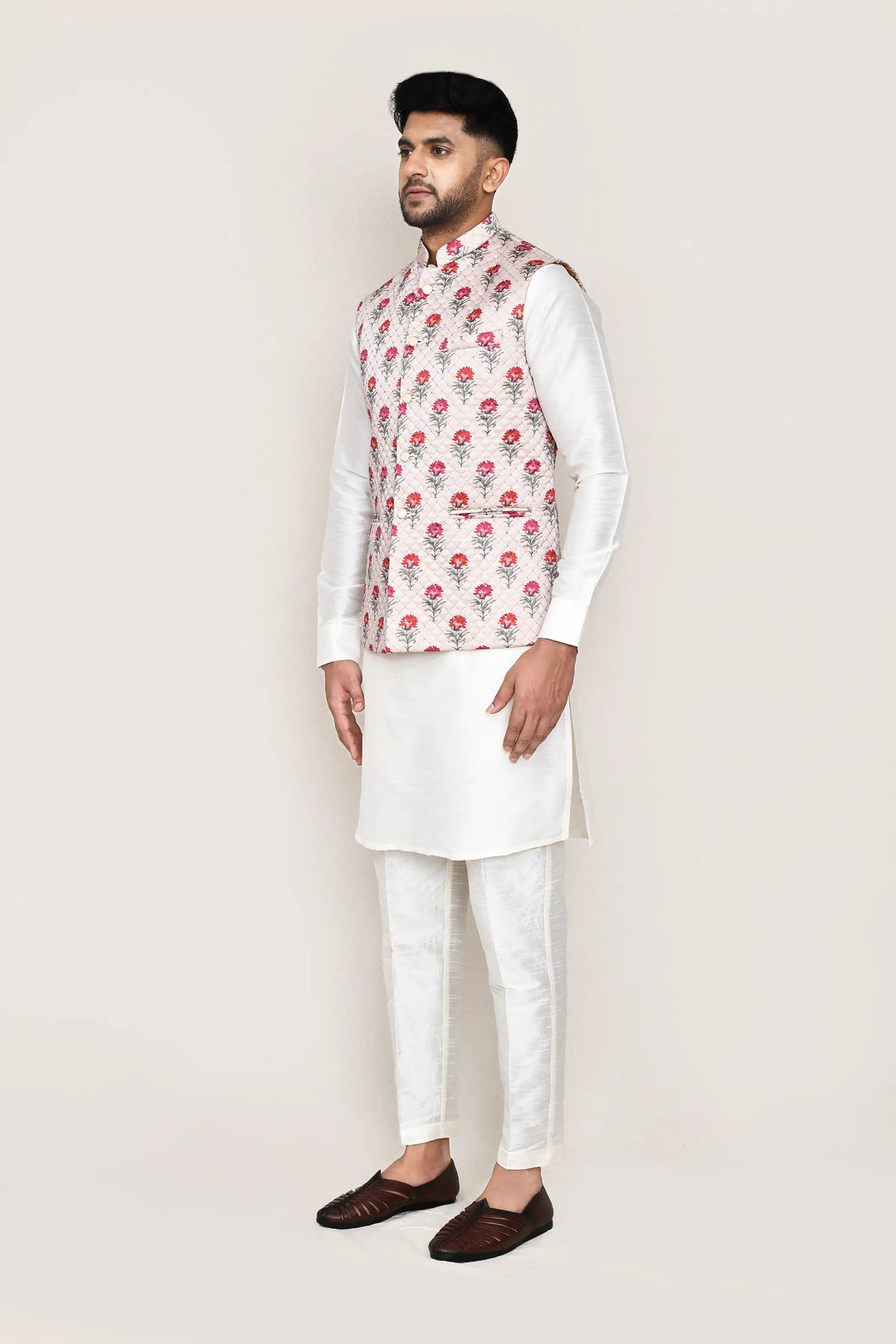 Stunning Festive Wear Jacket | Off White Art Silk with Designer Print