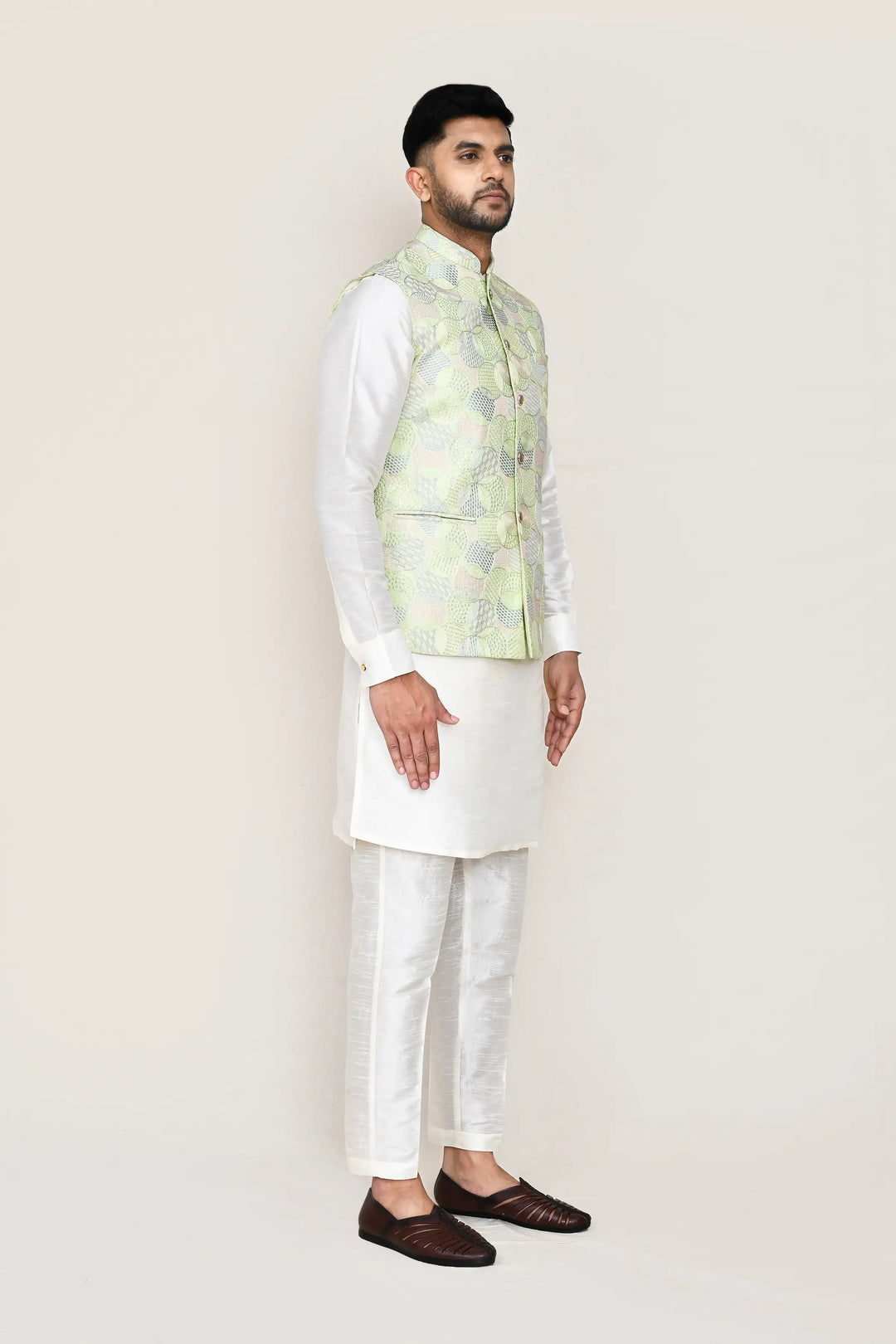 Luxurious Pista Green Art Silk Jacket | Designer Embroidery Work Party Wear