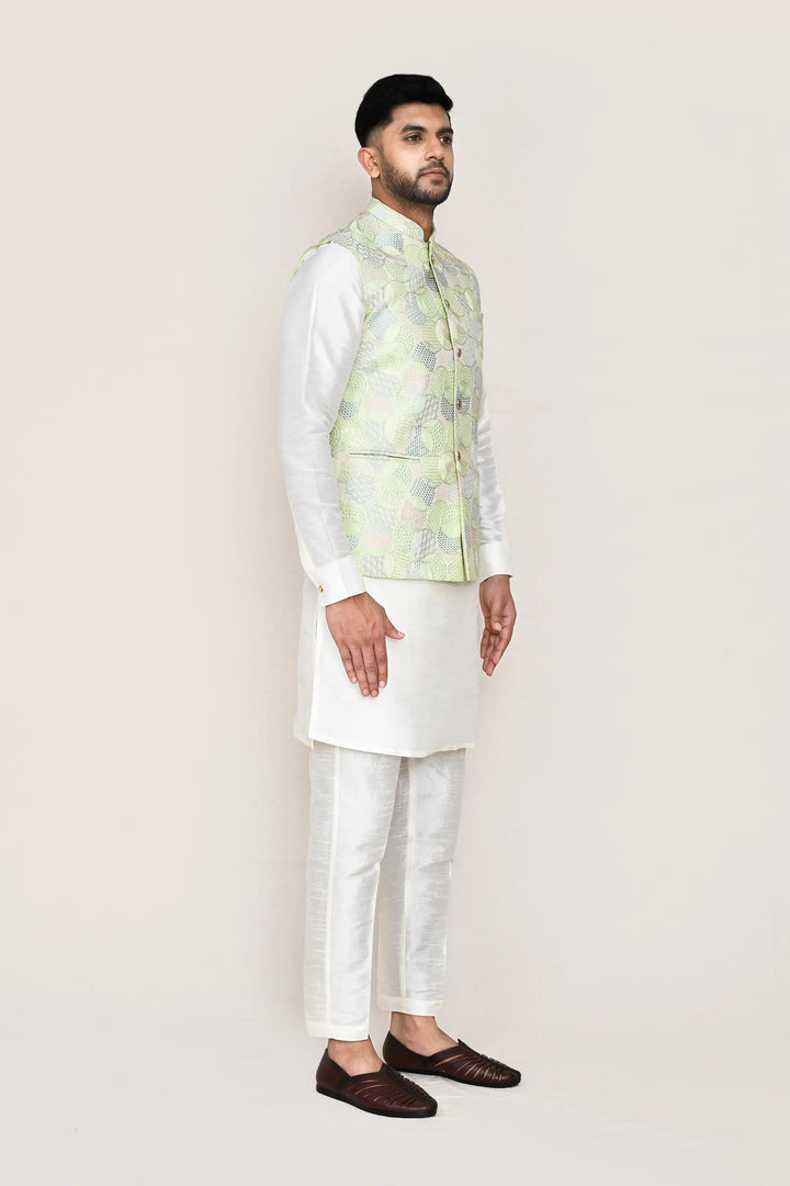 Luxurious Pista Green Art Silk Jacket | Designer Embroidery Work Party Wear