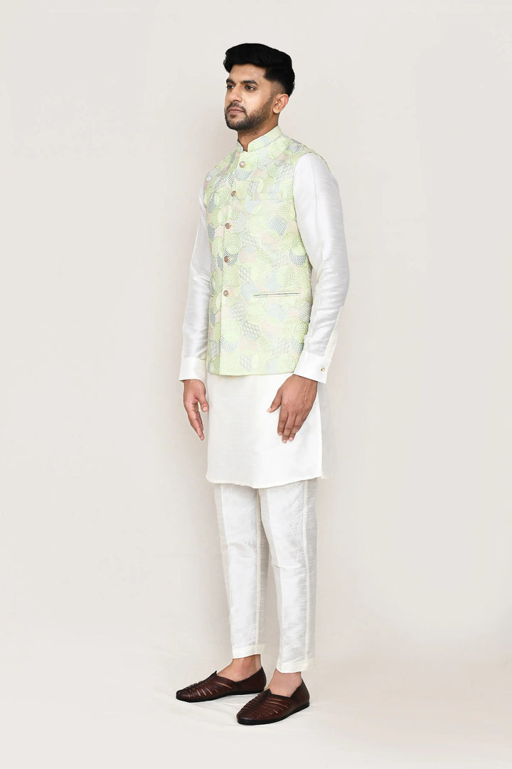 Luxurious Pista Green Art Silk Jacket | Designer Embroidery Work Party Wear