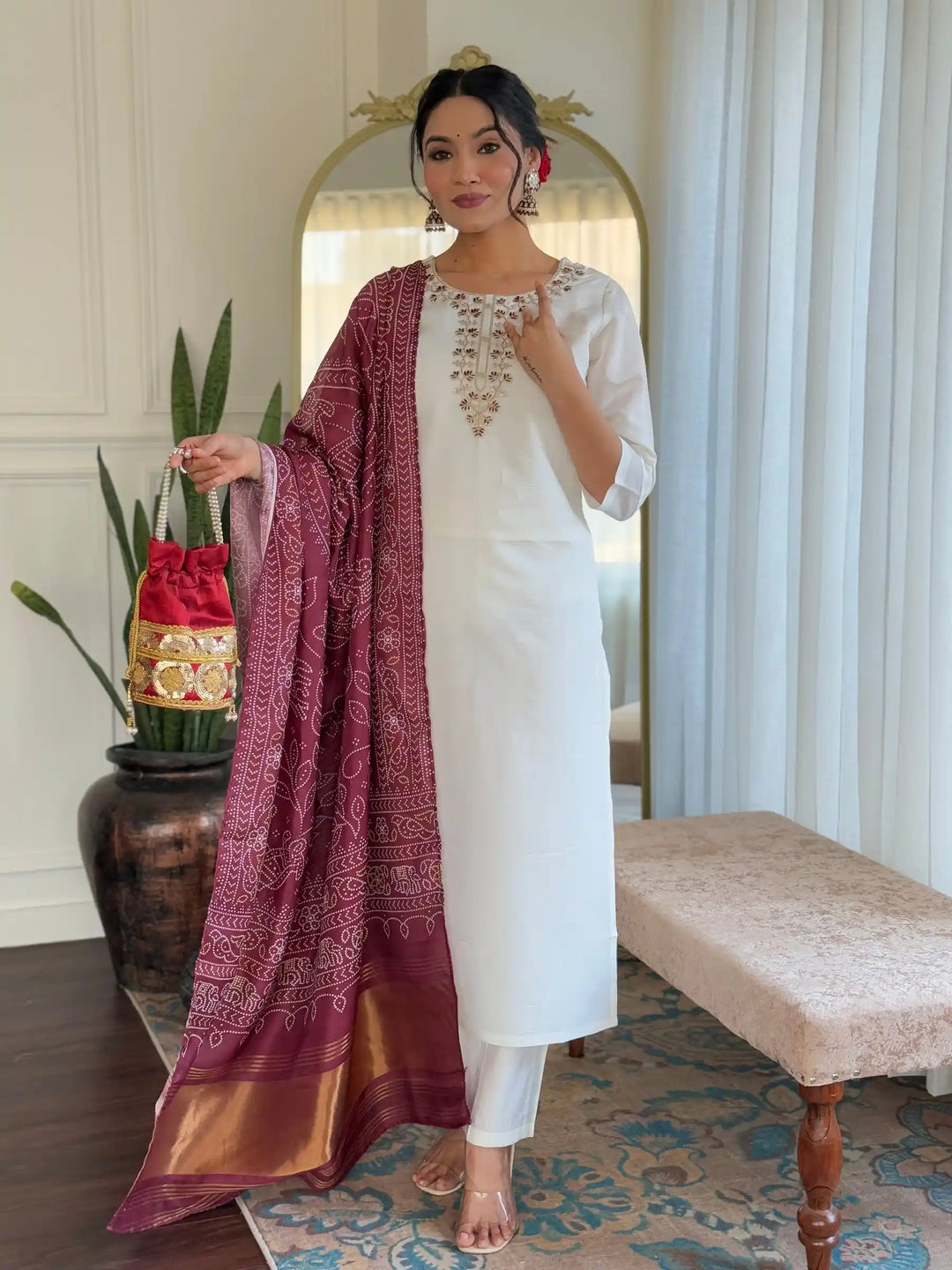 Elegant White Roman Silk Kurti Set | Designer Embroidery & Prints