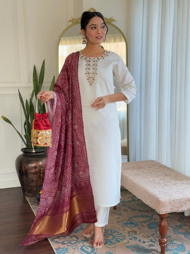 Elegant White Roman Silk Kurti Set | Designer Embroidery & Prints