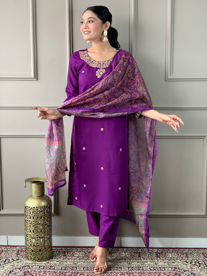 Designer Rayon Slub Kurti Set | Violet Organza Dupatta